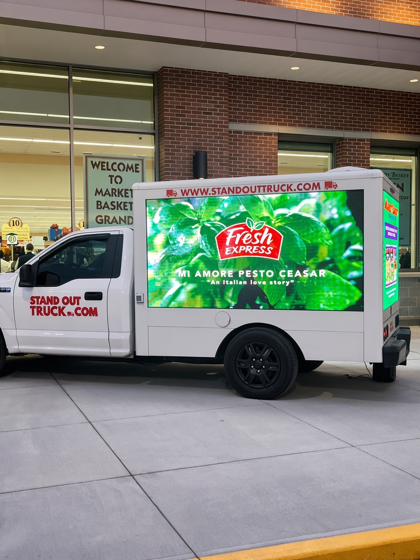Fresh Express mobile digital billboard truck at a grocery grand opening