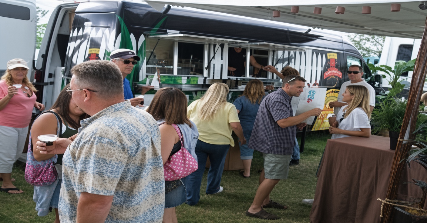 Mobile bar unit with a queue of attendees being served samples