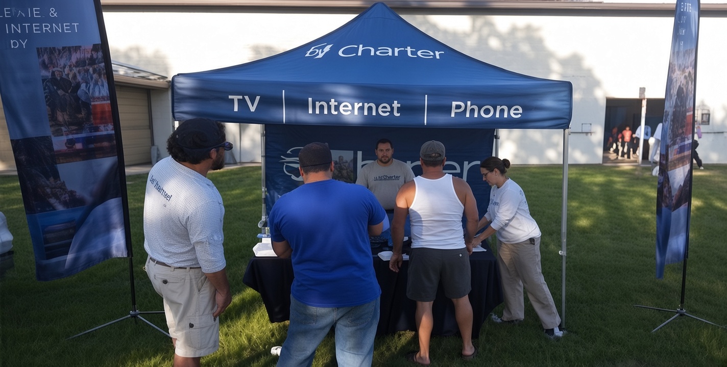 Charter Spectrum tent with staff demonstrating TV, internet and phone service to attendees