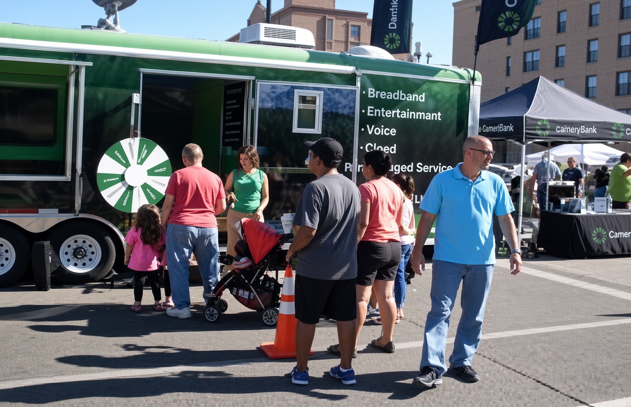 Branded experience trailer with a prize wheel and service messaging at a street event